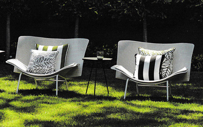 Made-to-measure plain, striped and patterned outdoor furniture cushions and scatter cushions for a pair of contemporary outside chairs